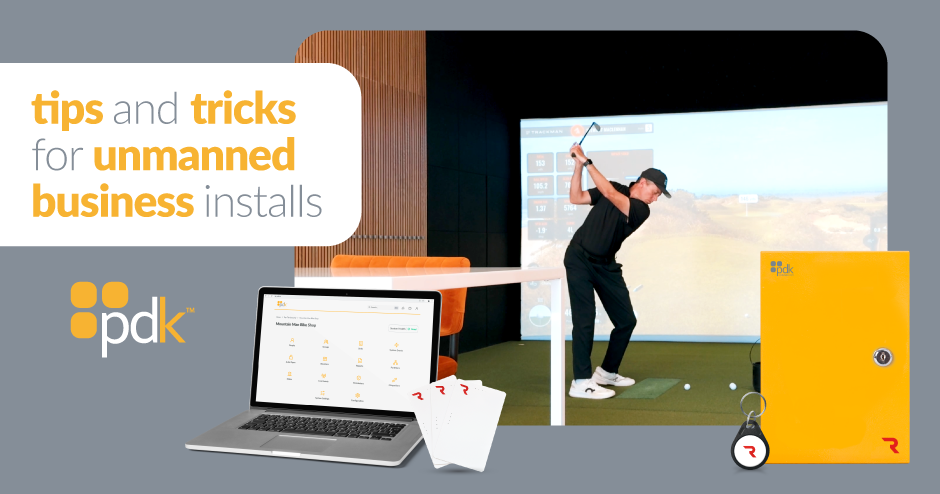 Tips and tricks for unmanned businesses with pdk logo, laptop, key fob, and golf person swinging