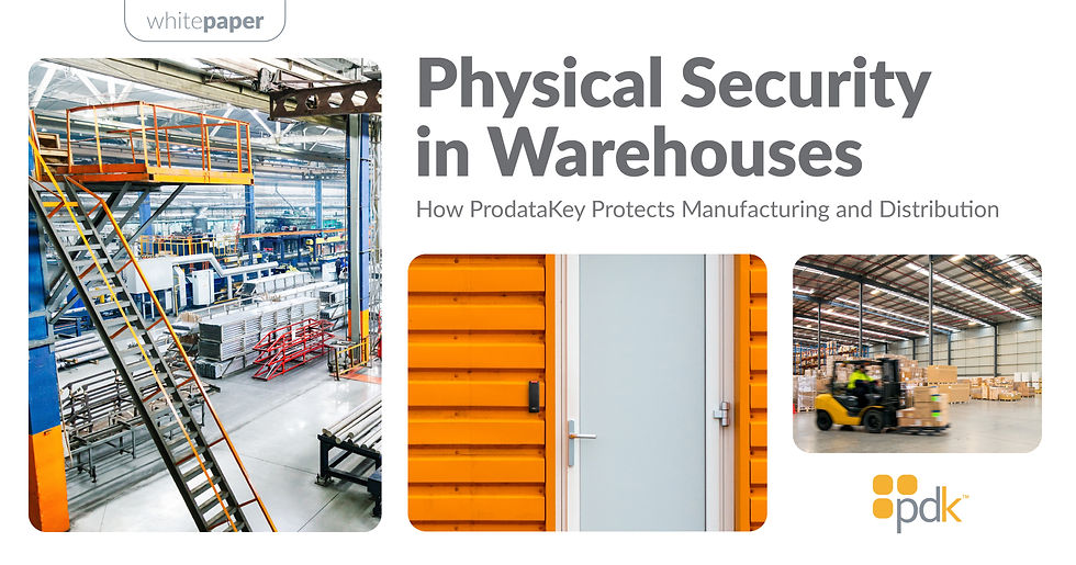 Whitepaper cover featuring "Physical Security in Warehouses." Images: industrial warehouse, orange door with PDK reader, forklift in motion. Logo: PDK.