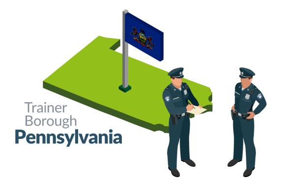 Two police officers in uniform stand on a green Pennsylvania map. Text: "Trainer Borough, Pennsylvania."