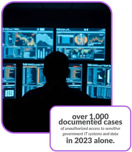 Silhouette of person in front of multiple data screens in a dim room, showcasing graphs and charts. Text: "over 1,000 documented cases..."