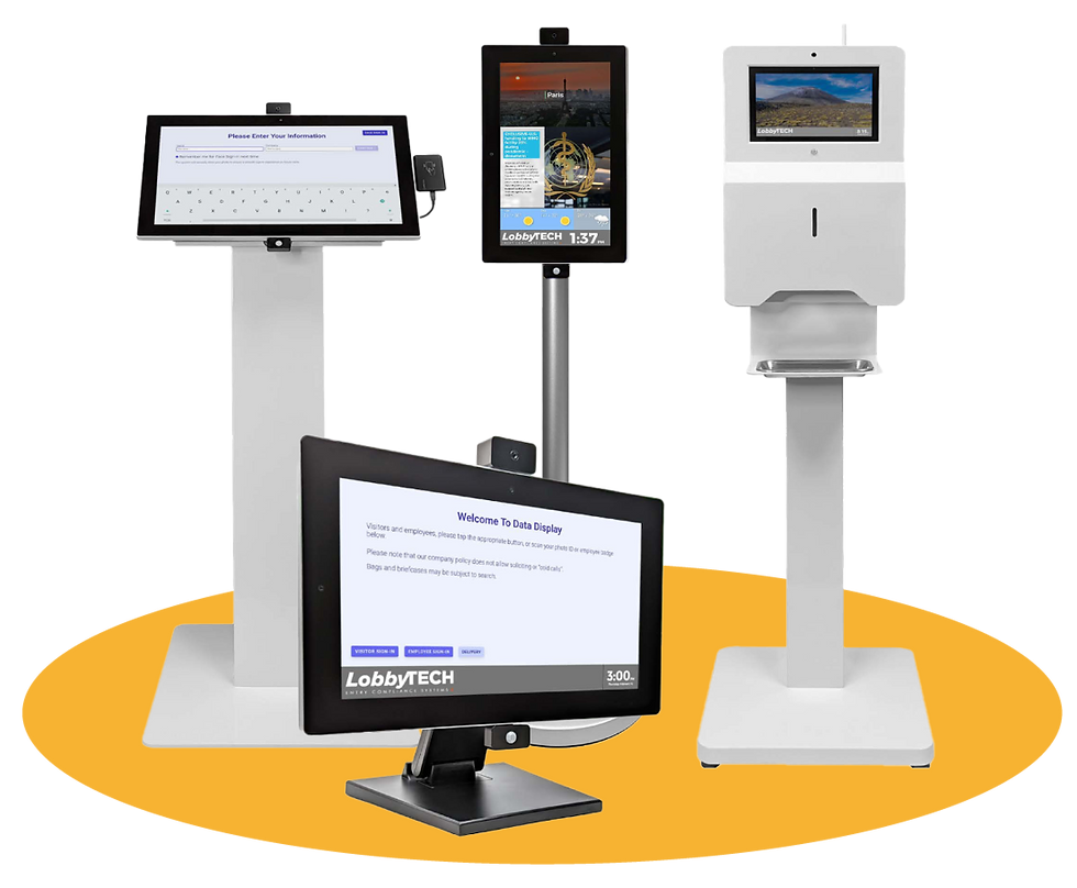 Four display kiosks with screens showing Lobby Tech Software Visible text: "LobbyTECH," "Welcome To Data Display."