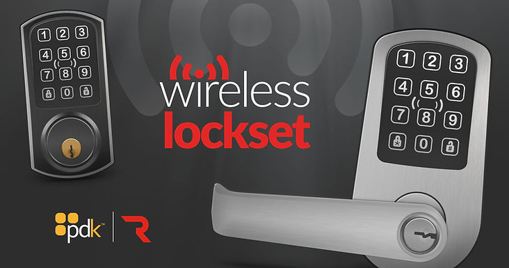 PDK Red Wireless locksets, deadbolt and cylindrical on a dark background