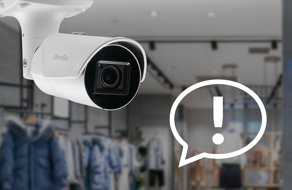 OpenEye surveillance camera with instant alert icon in a retail space
