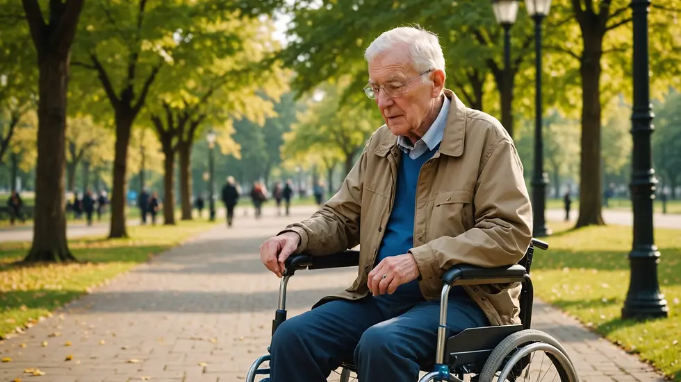 Close-up view of an elderly individual using a mobility aid in a park