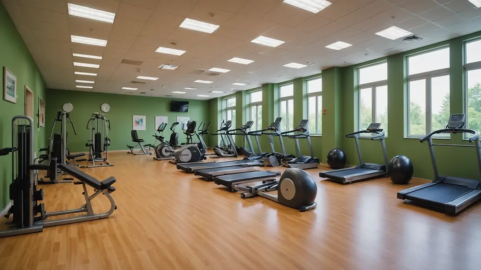 Wide angle view of a rehabilitation center with exercise equipment