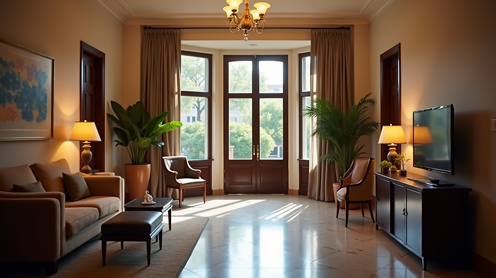 Eye-level view of a cozy hotel lobby with comfortable seating