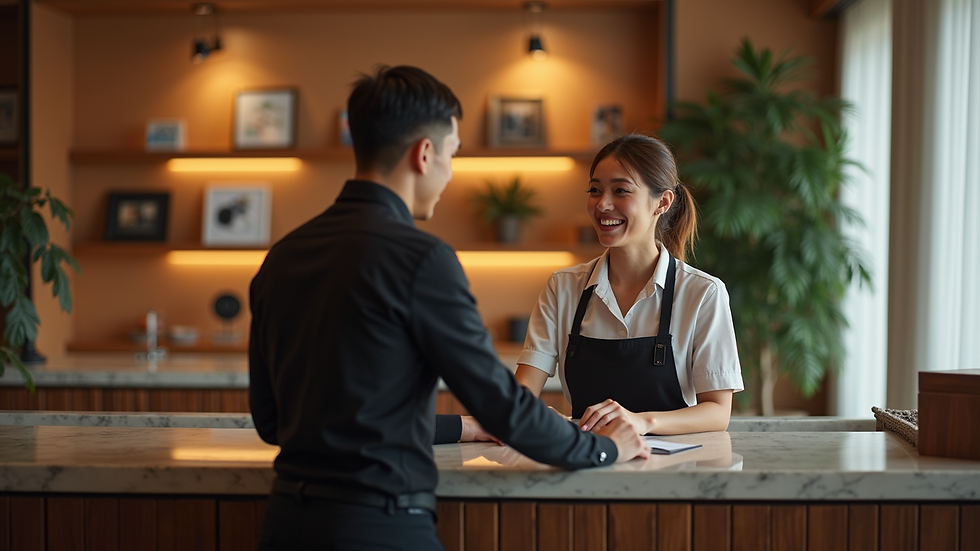 High angle view of a hotel staff member assisting a guest at the reception desk