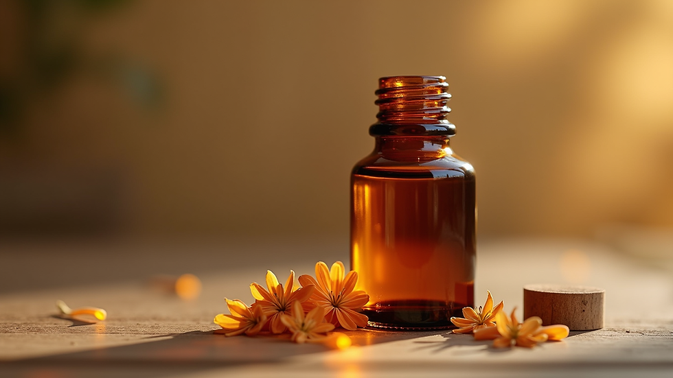 Close-up view of a small amber glass bottle filled with frankincense oil