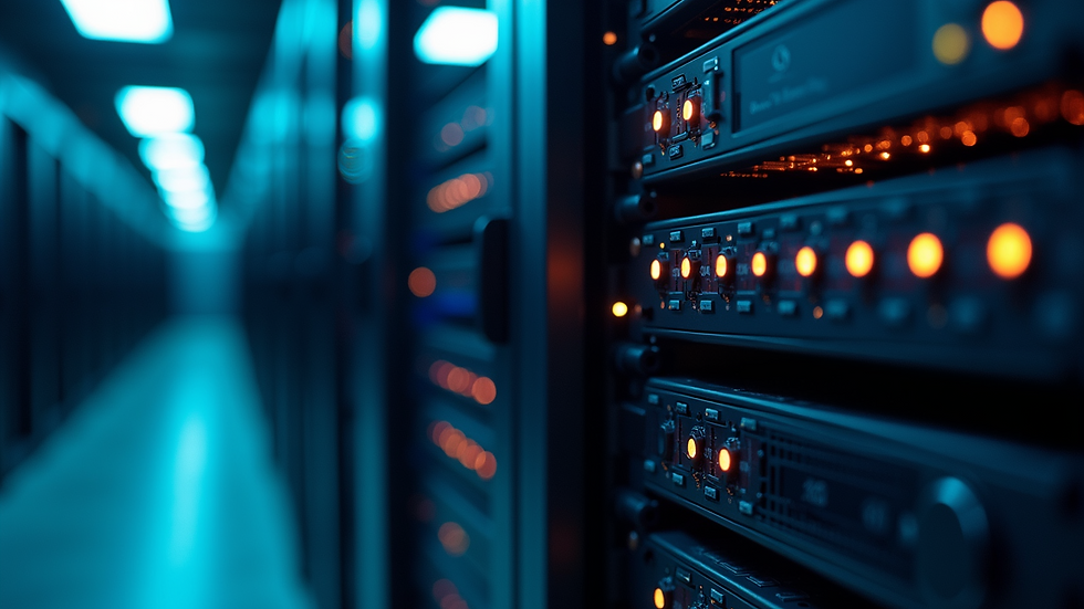 Close-up view of a server rack with blinking lights in a data center