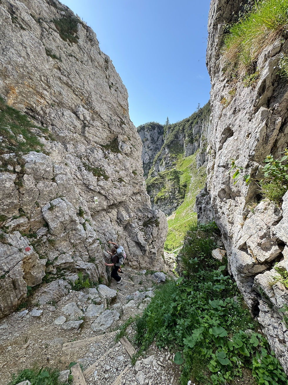 Careful climbing with tirolian traverse above