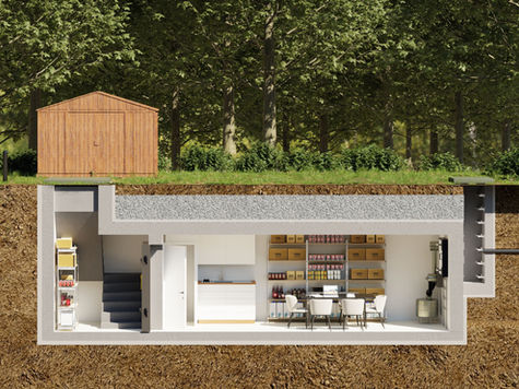 Bunker mit Treppenabgang im Garten unter Gartenhaus
