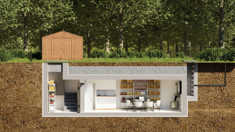 Bunker mit Treppenabgang im Garten unter Gartenhaus