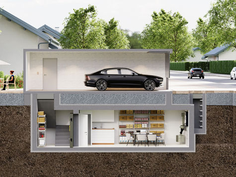 Bunker mit Treppenabgang unter einer Garage, Zugang über einer Treppen von Fertiggarage