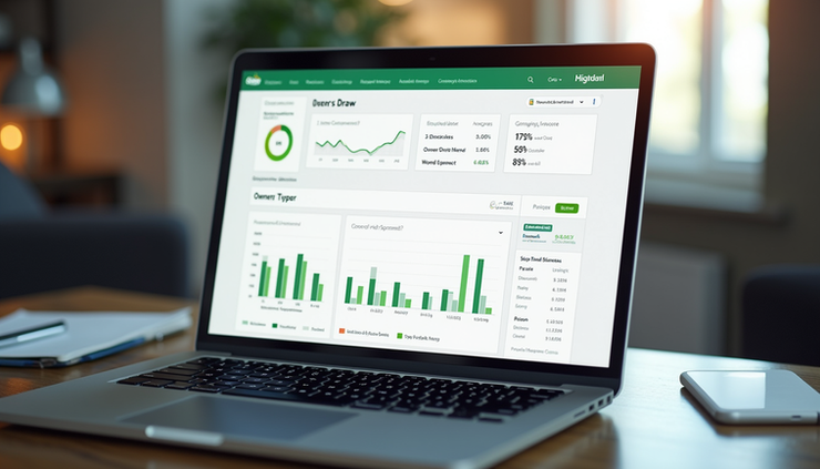 Eye-level view of a laptop screen showing a QuickBooks dashboard with financial data