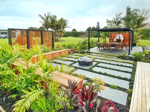 new courtyard with seating and firepit