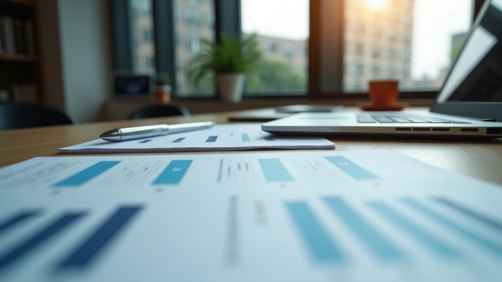 Eye-level view of a modern office desk with financial reports and laptop