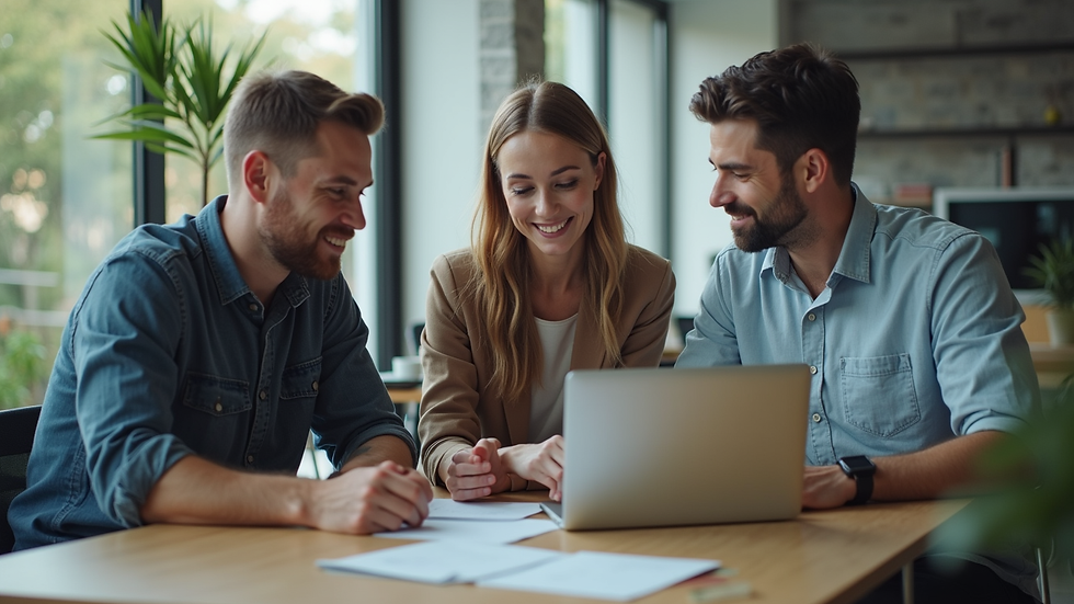 High angle view of a small business team collaborating around a laptop in a modern workspace