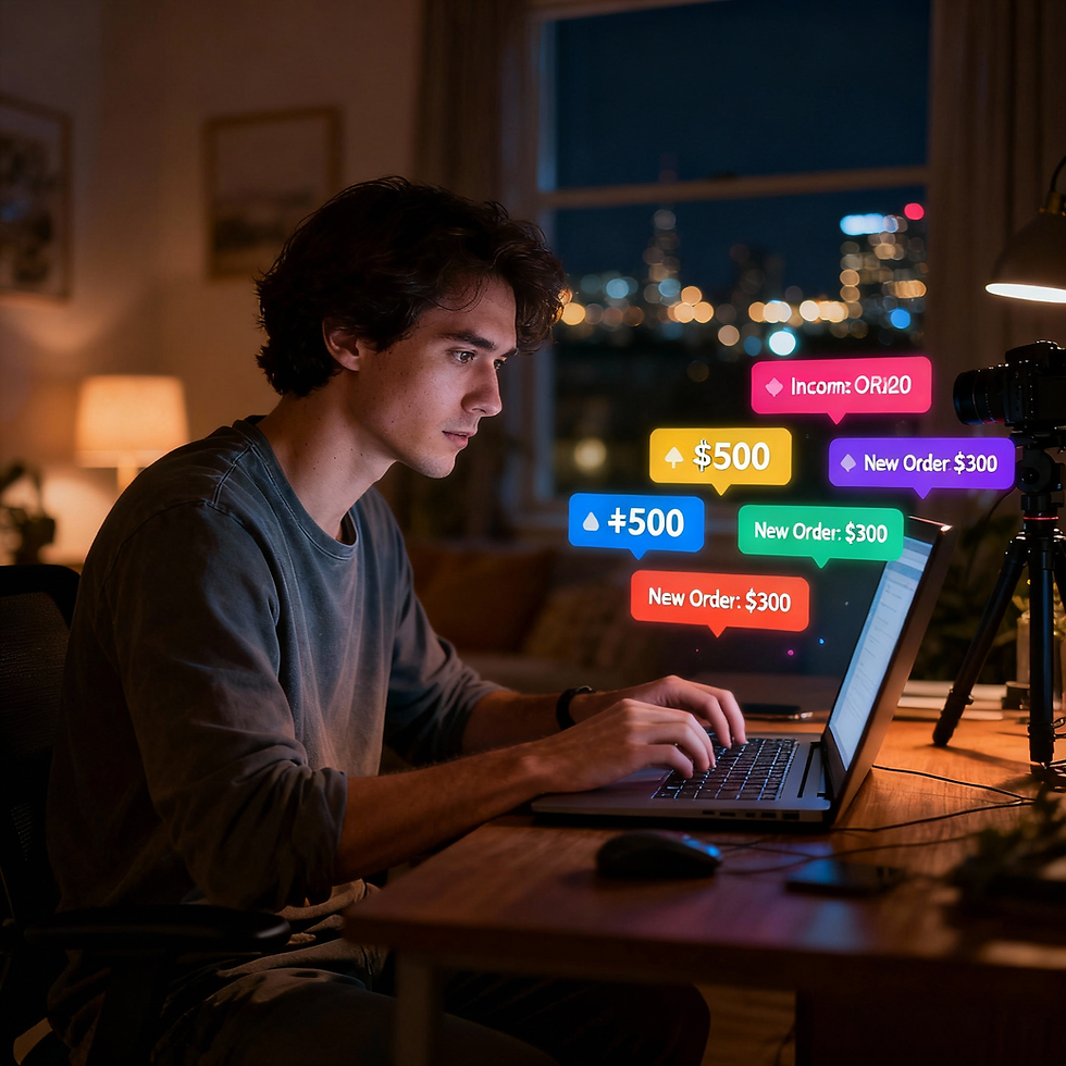 Blogger working on laptop at night, with income notifications