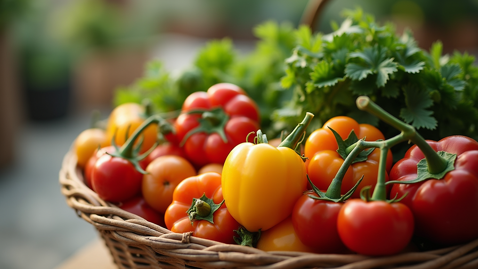 Close-up view of organic fruits and vegetables in a basket