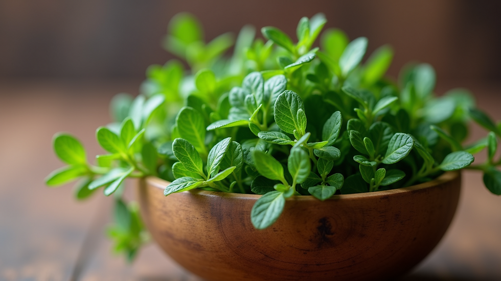Close-up view of fresh green herbs in a wooden bowl