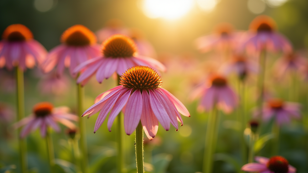 Close-up view of a pink Echinacea flower in a sunny garden