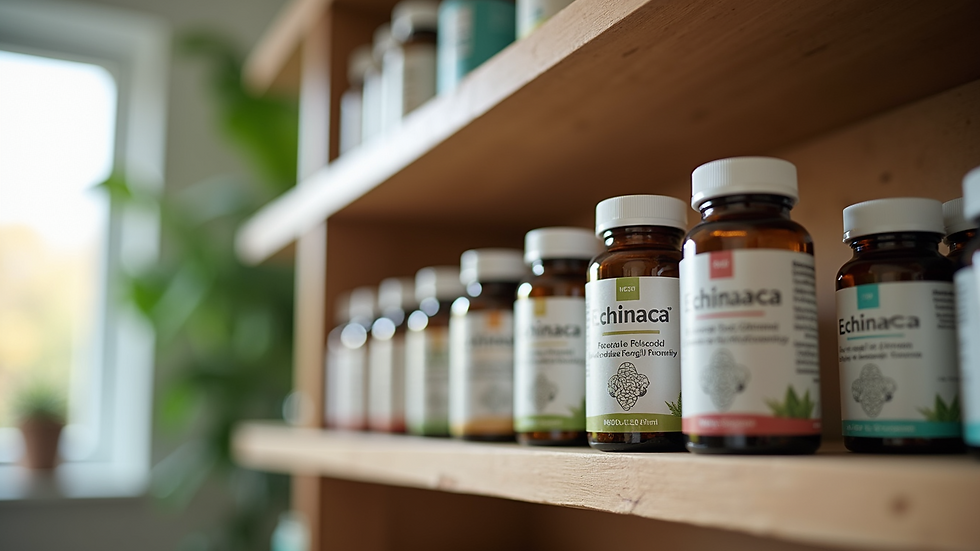 Eye-level view of a herbal remedy shelf displaying various echinacea products