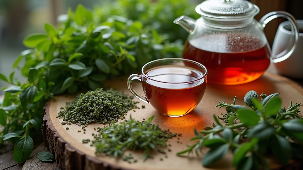 High angle view of herbal tea preparation with fresh herbs and a teapot