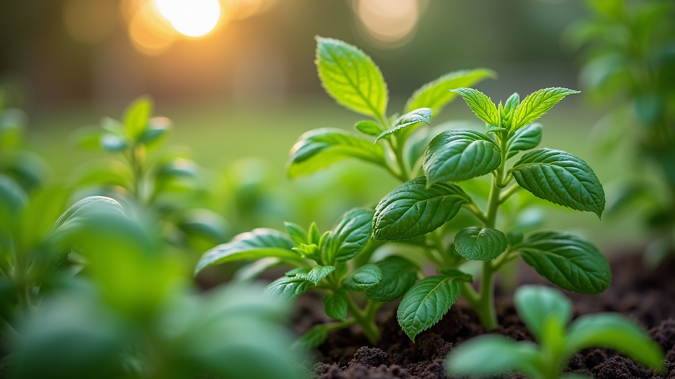 Close-up view of a small herb garden with basil and mint plants