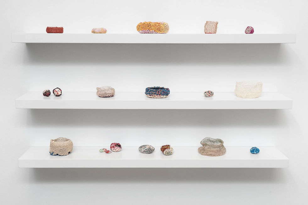 An array of fiber forms are placed on three white wall-mounted shelves. All have soft organic shapes, and most are relatively horizontal, though some seem more rounded, some seem more flattened, and some seem more boxy. Most feature multiple colors and textures of yarn, and are in a relatively light and neutral color range, from off-white through gold and pink to somewhat darker blues and grays.