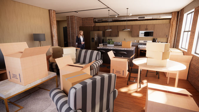 Brick loft apartment set with exposed brick walls, moving boxes, and living room staging for film production.
