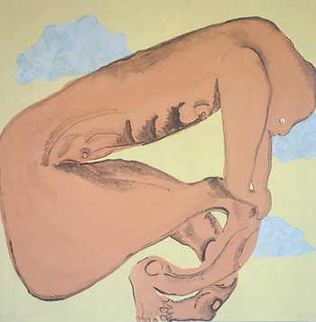 A fairly square painting featuring a recognizable but abstracted nude male-presenting adult human body with pinkish light brown skin, with areas defined in shadow, folded and tucked in such a way as to fit neatly within the borders of the frame. There is a dull pale yellow sky in the background, spotted with bluish-white clouds.