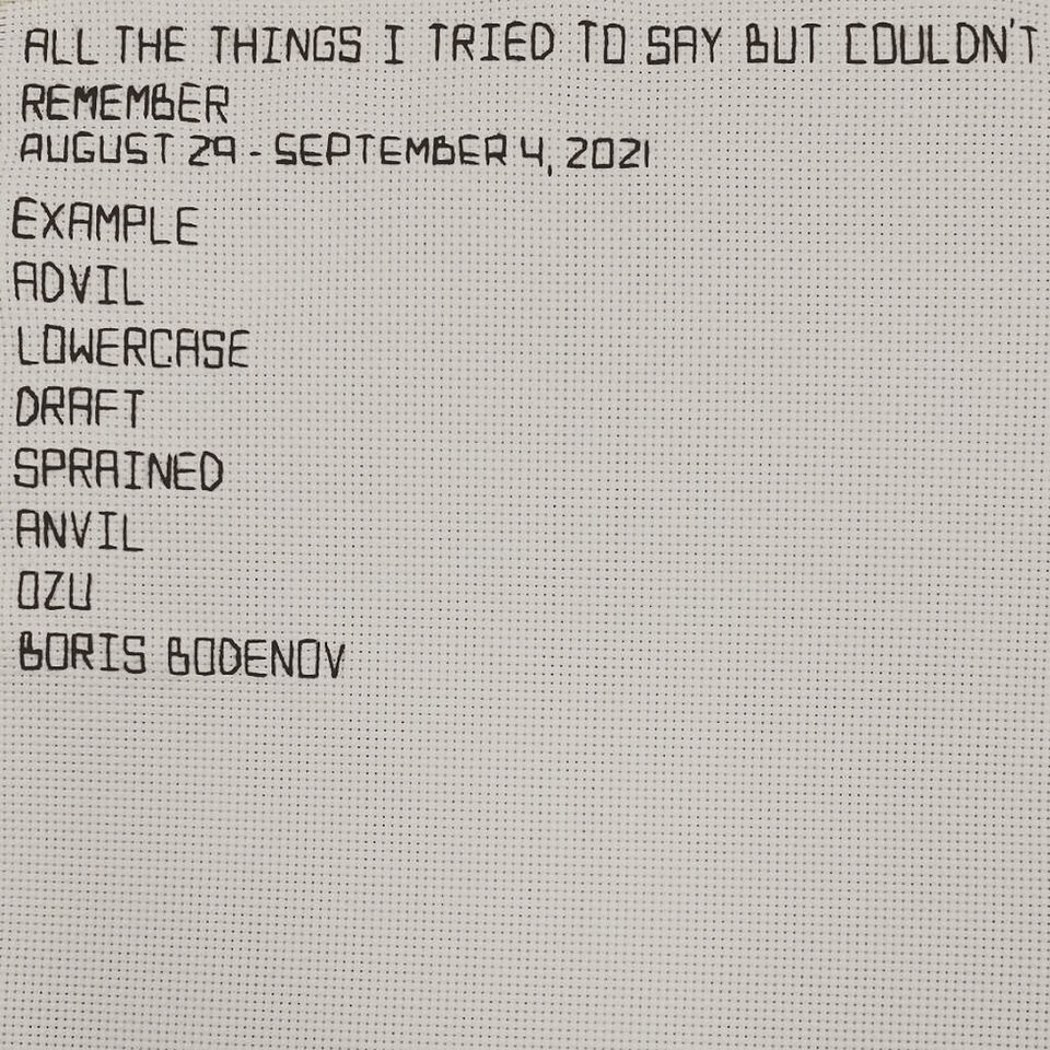 Black stitching on white fabric, spelling out block text, in an all-caps one-column list. "All the things I tried to say but couldn't  remember  August 29 - September 4, 2021 Example Advil Lowercase Draft Sprained Ozu Boris Bodenov"