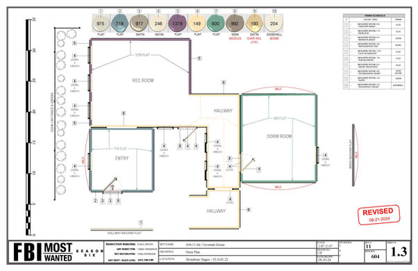 Community center interior set with foosball table, scheduling board, and group scene staged for television production.