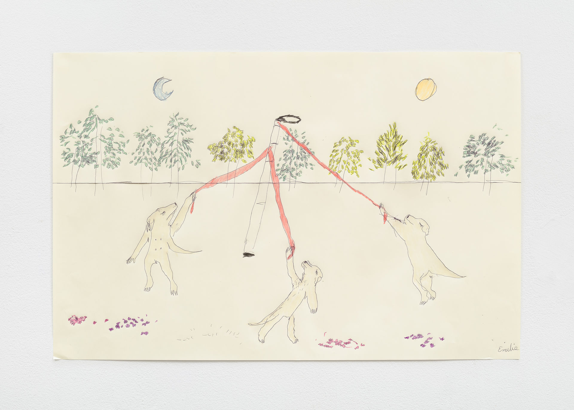 A ballpoint pen and crayon images of three upright yellow figures, with characteristics of digs and humans, holding red streamers and walking clockwise around a Maypole in the foreground. Purple flowers can be seen on the ground near the bottom of the page, and, at the horizon line behind the Maypole scene, can be seen ten trees with leaves in different shades of green. A purple crescent moon sits in the sky in the upper left of the drawing, and a yellow sun in the upper right. The colors are saturated and the style is loose and gestural.