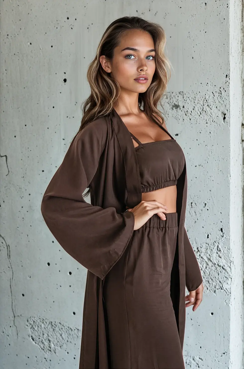 Luxusní pyžamo z tencelu s dlouhým županem, topem a kalhotami