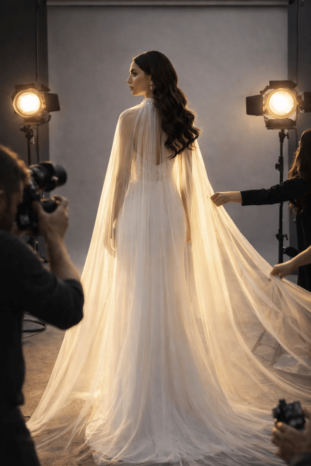 svatební plášť pro nevěstu z jemného tylu, dlouhý průsvitný plášť splývající až na zem, pohled zezadu při editorial focení