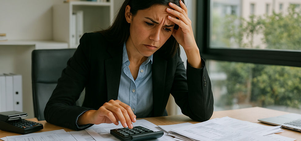 empresaria estresada con cuentas tributarias