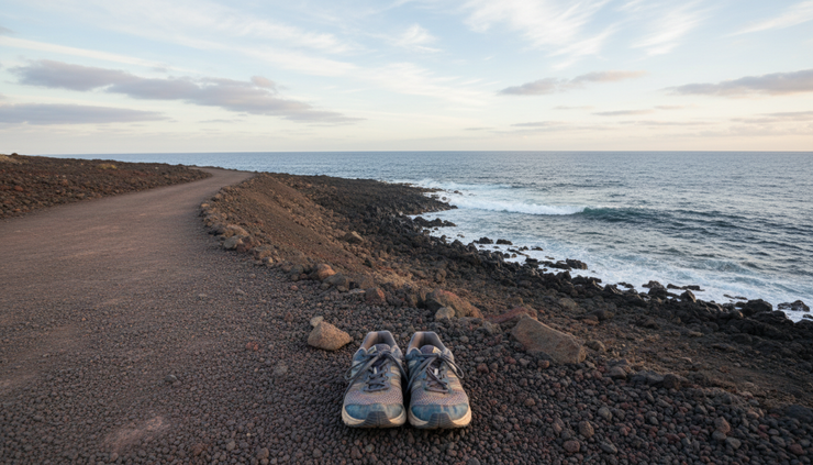 Wide-angle view of a coastal path beside the Atlantic Ocean in Lanzarote.