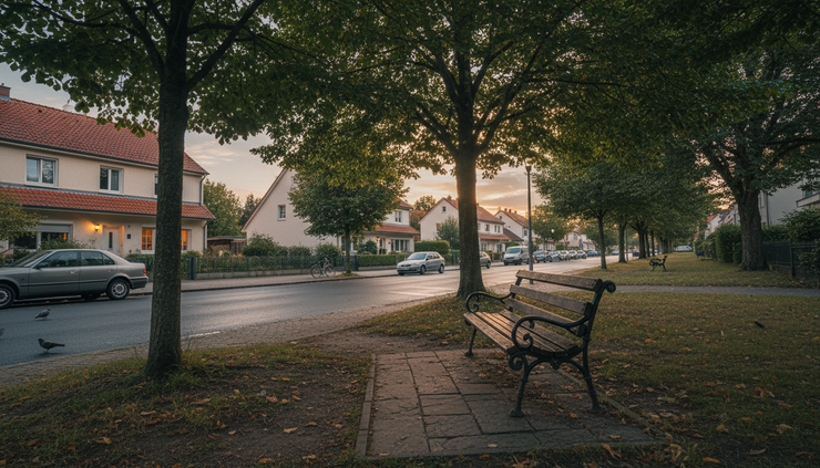 Wide-angle view of a quiet neighbourhood bench under trees near a modest residential street.
