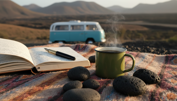 Close-up view of a notebook and coffee cup on a blanket beside volcanic stones.