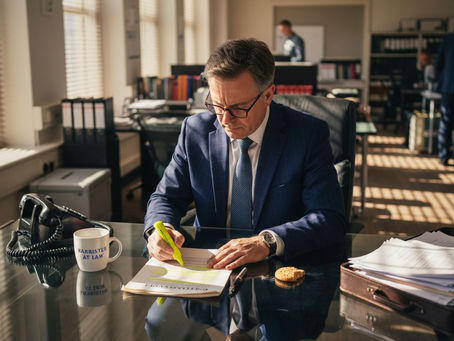 Lawyer reviewing high-risk contract at desk