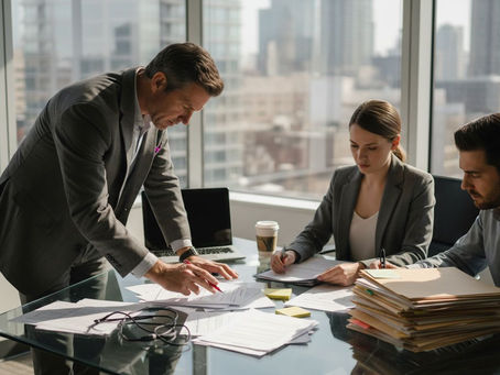 Compliance team meets in corner office