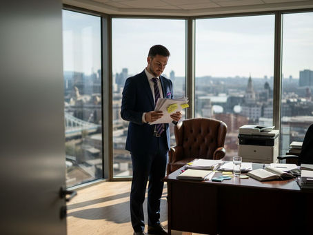 Attorney reviewing documents corner office city view