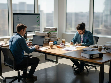 Fintech founders meeting in bright corner office
