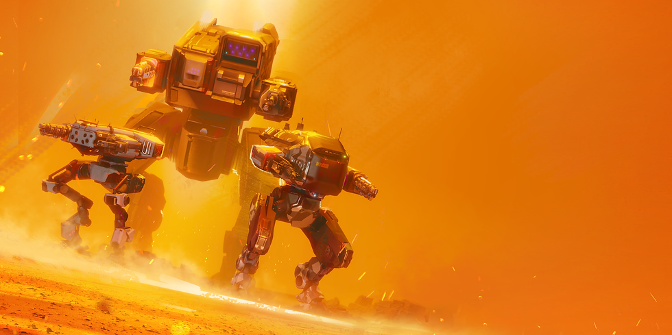 Mechs in a fiery battlefield