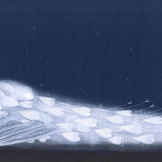 White peacock goddess looking up at cherry blossoms