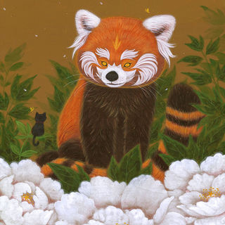 Wise animal guardian red panda bringing fire and light to the forest with black cat and peony flowers