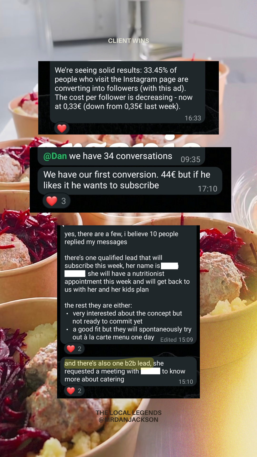 Ad performance and DM conversion results — Nourish & Nosh