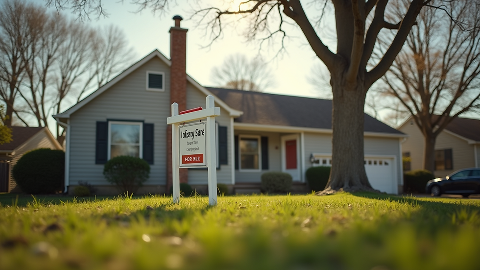 Eye-level view of a suburban house with a "For Sale" sign in the yard