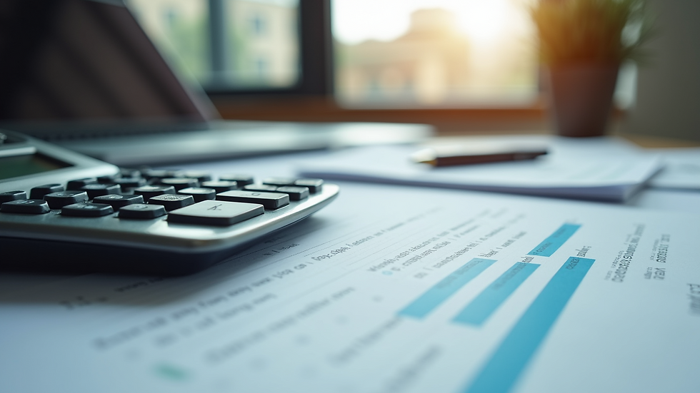 Close-up view of a calculator and financial documents on a desk